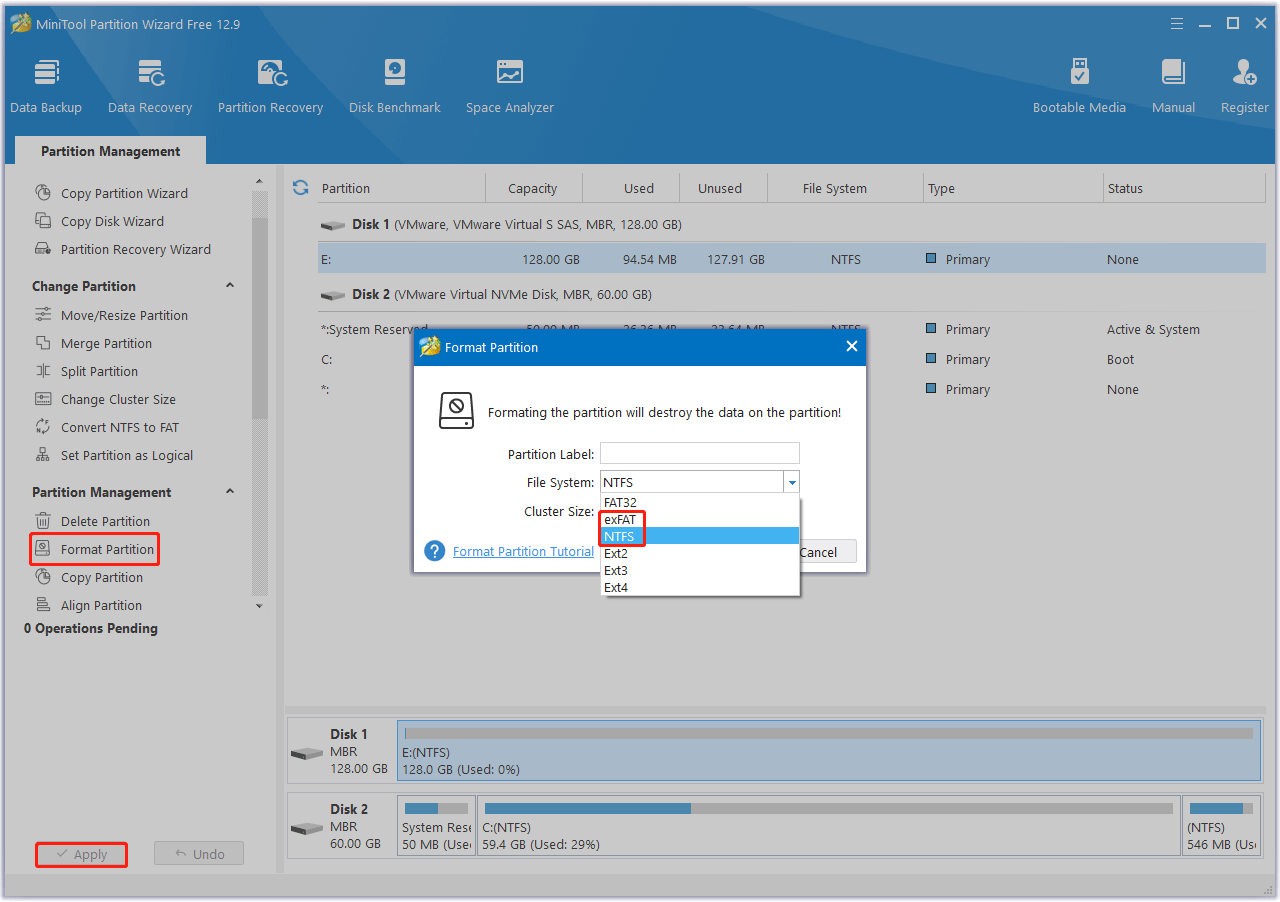 format the external hard drive using MiniTool Partition Wizard
