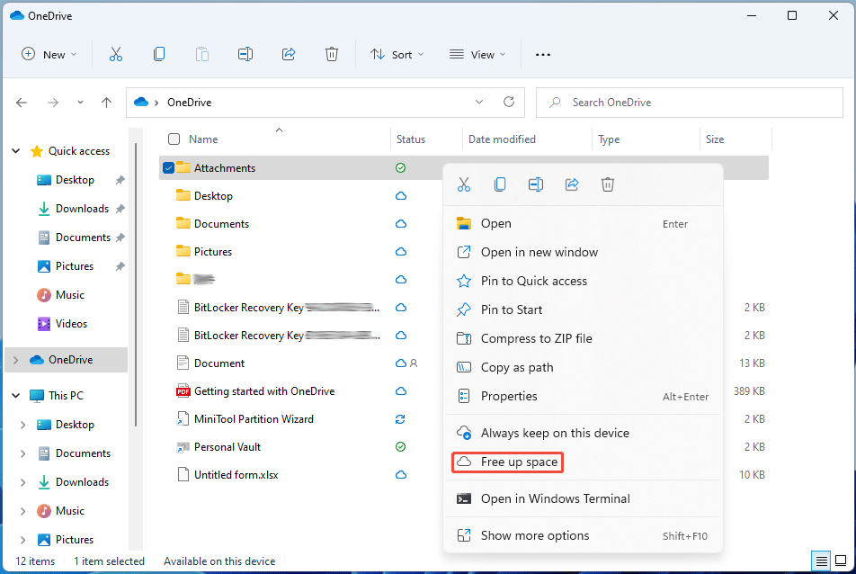 screenshot showing free up space in OneDrive folder