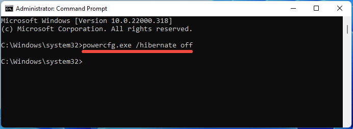 screenshot showing disabling hibernation