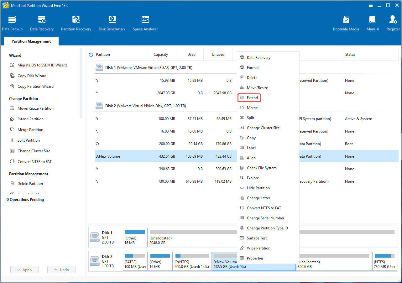 screenshot showing the Extend feature in MiniTool Partition Wizard