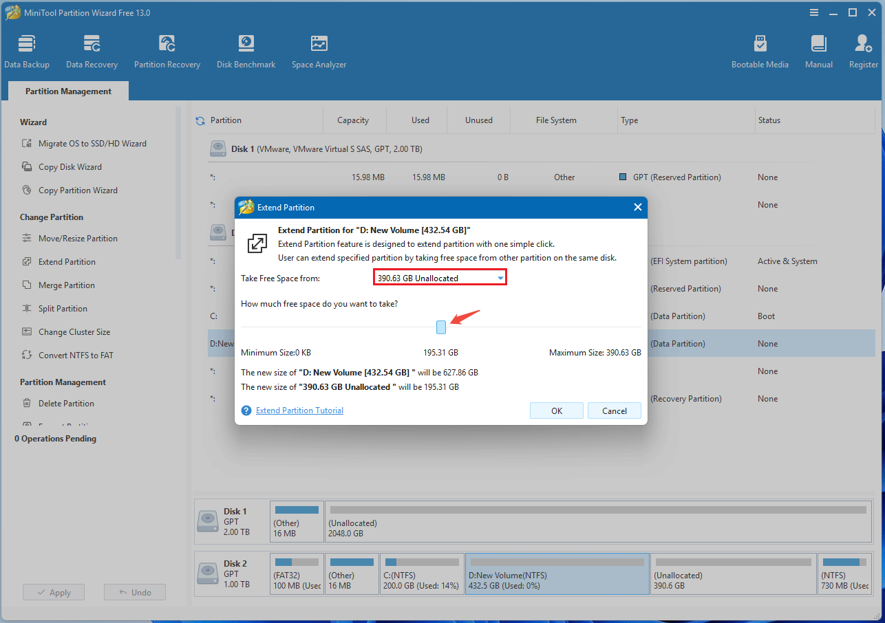 screenshot showing extending a partition in MiniTool Partition Wizard