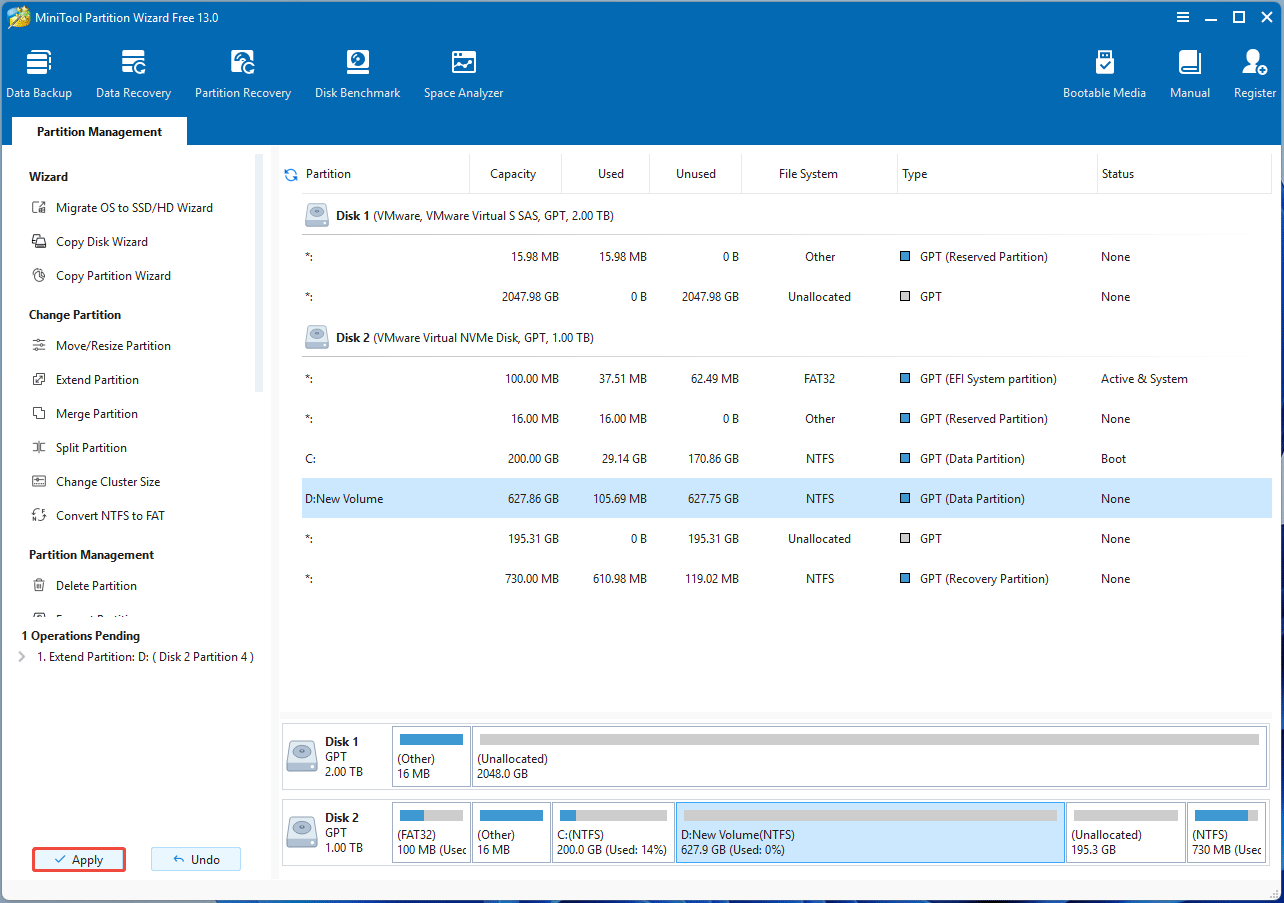 screenshot showing Apply in MiniTool Partition Wizard