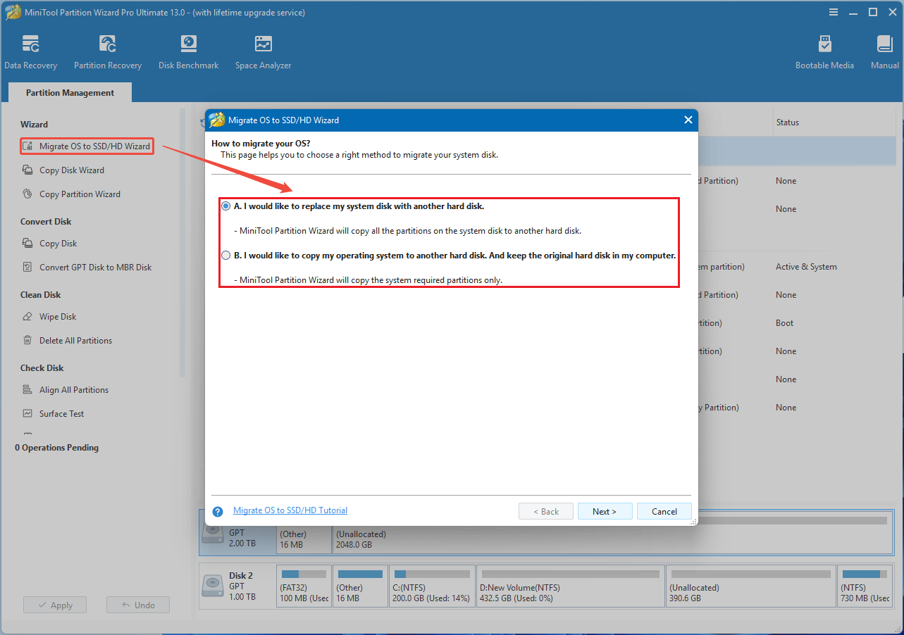 screenshot showing migration method in MiniTool Partition Wizard