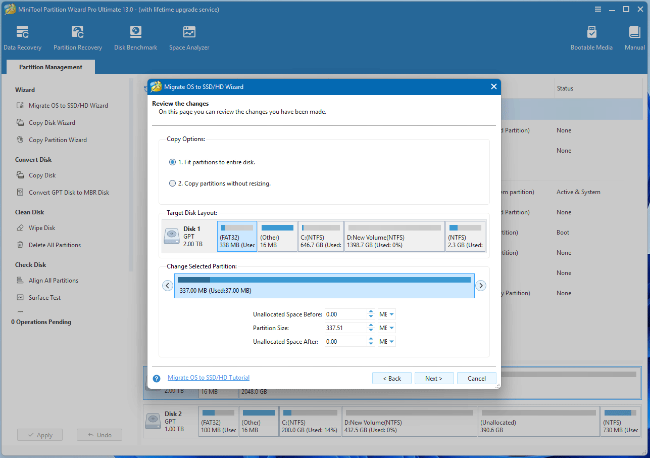 screenshot showing copy options in MiniTool Partition Wizard