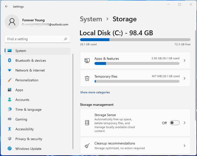 screenshot showing Windows Storage settings