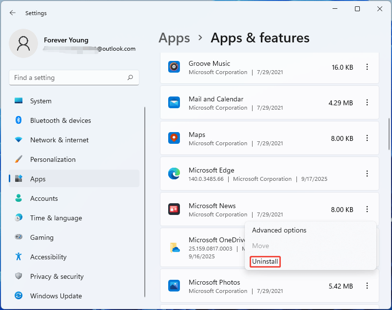 screenshot showing app uninstallation in Settings