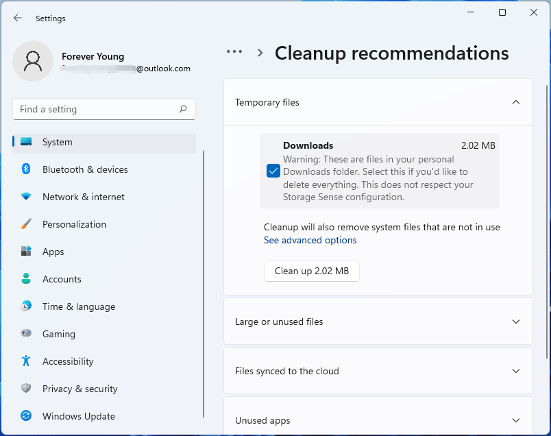 screenshot showing cleanup recommendations in Settings