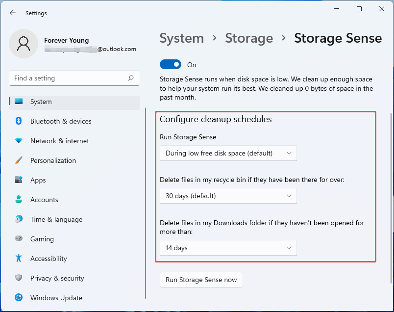 screenshot showing Storage Sense Settings