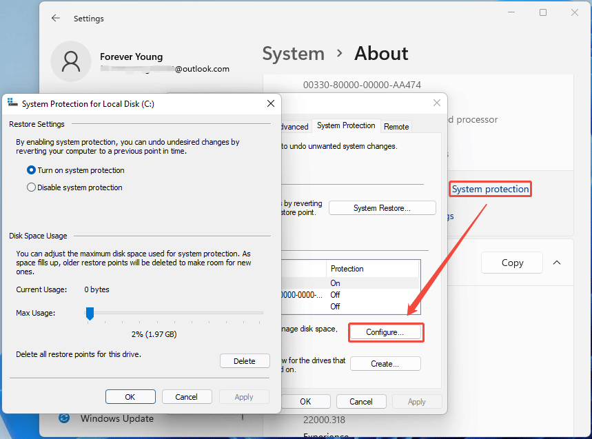 screenshot showing system protection settings