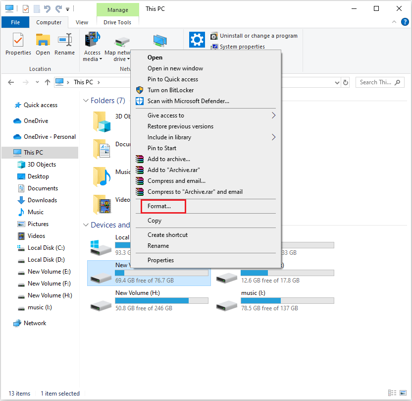 click Format by using File Explorer