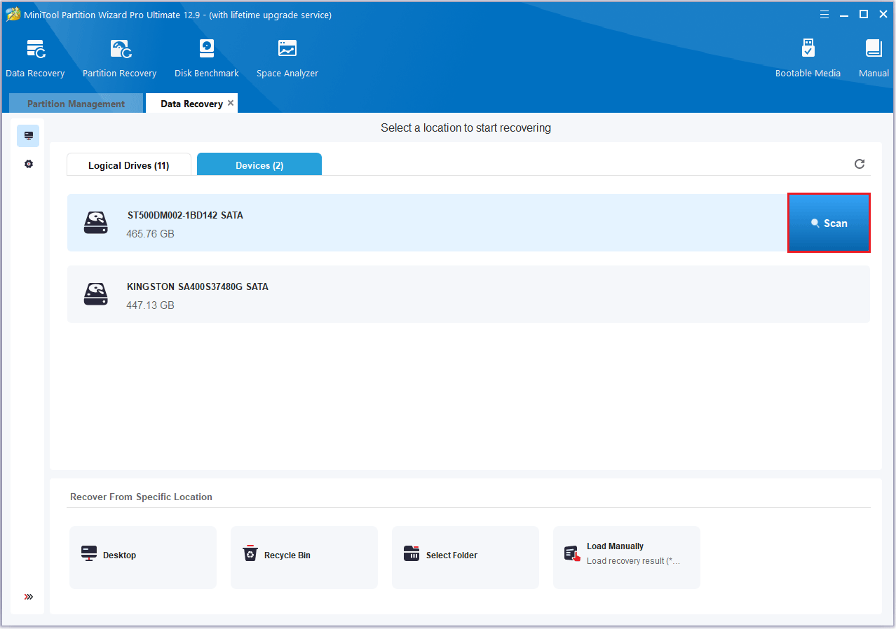 scan a formatted hard drive in MiniTool Partition Wizard