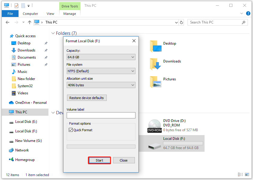 start the formatting process in File Explorer
