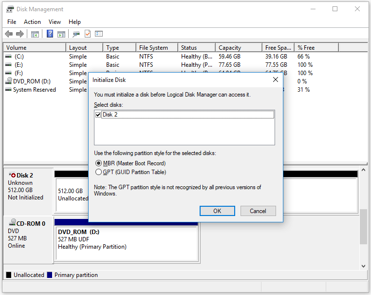 Initialize disk to MBR or GPT in Disk Management