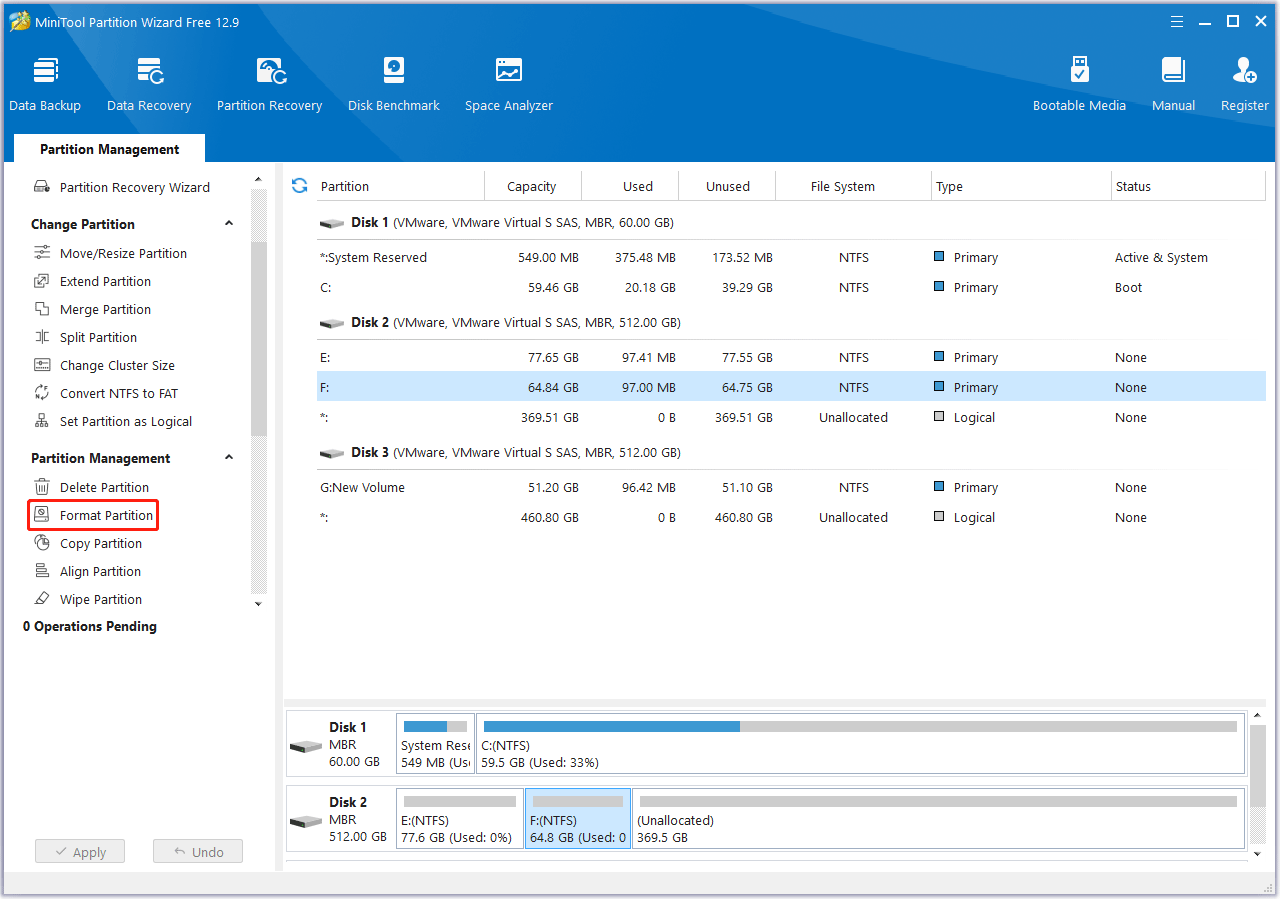 choose Format Partition in MiniTool Partition Wizard