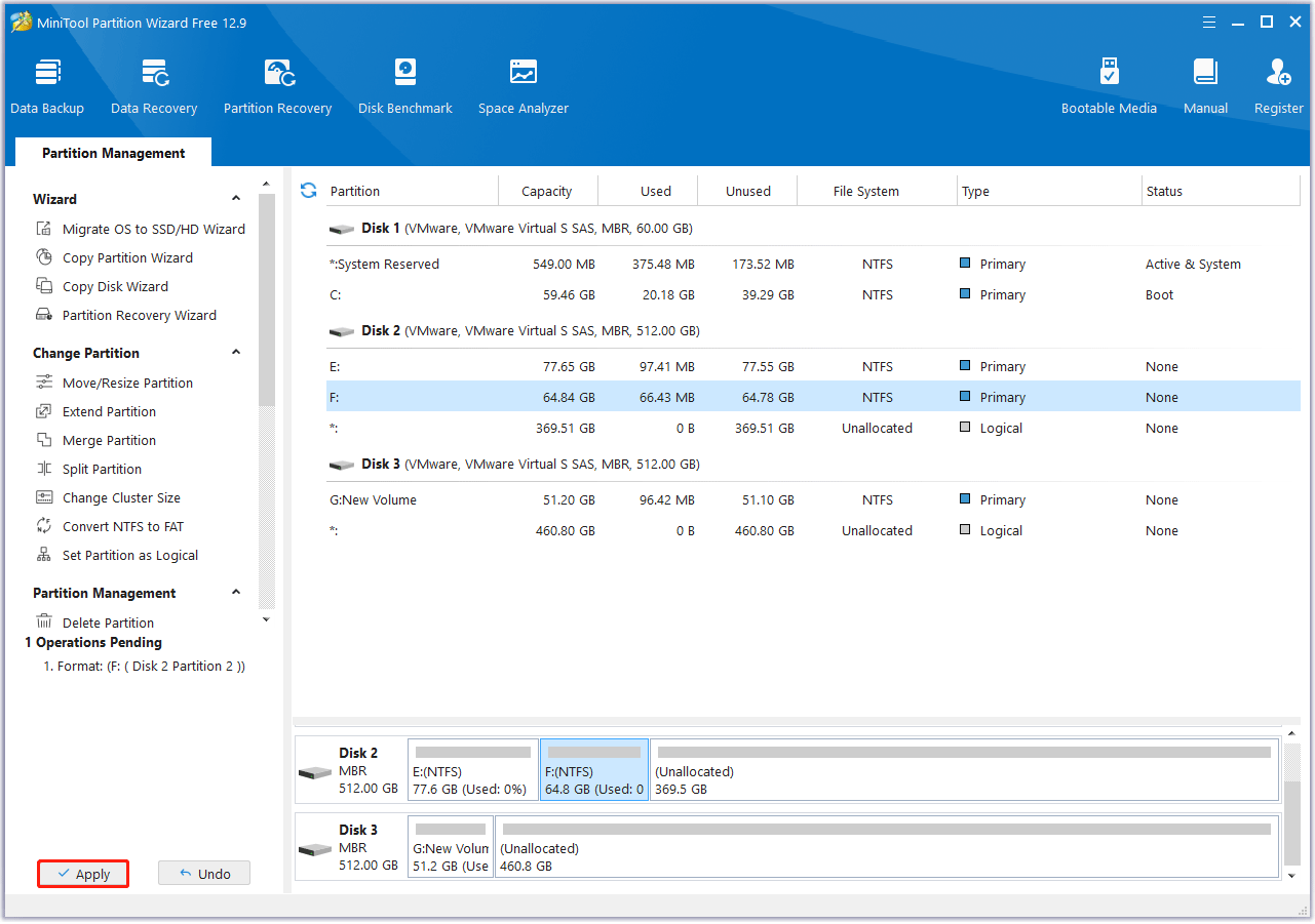 click Apply to complete the operation in MiniTool Partition Wizard
