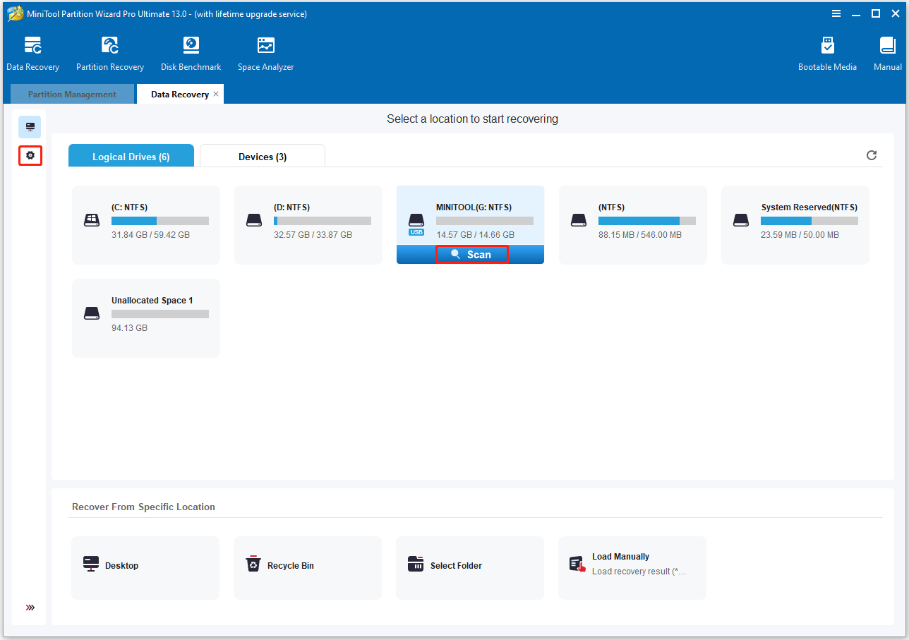 Click Scan to recover lost data from the SD card in MiniTool Partition Wizard