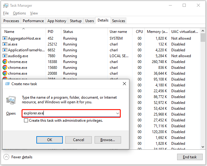 create explorer.exe as a new task