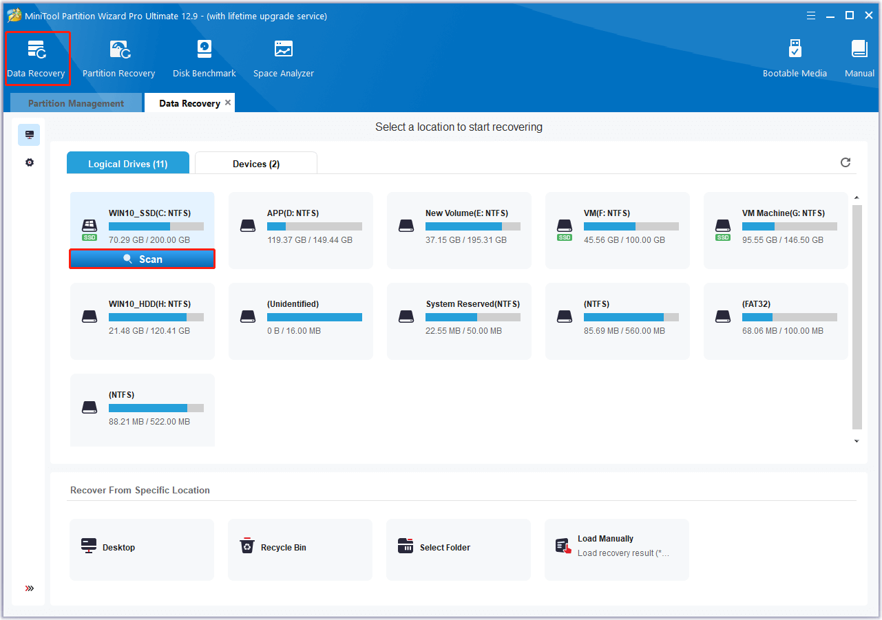 choose the target partition and click Scan in MiniTool Partition Wizard