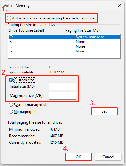 specify Initial and Maximum size