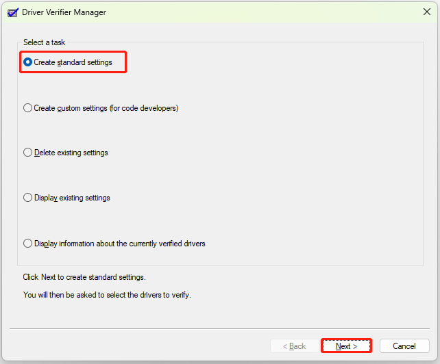 select Create standard setting and click Next