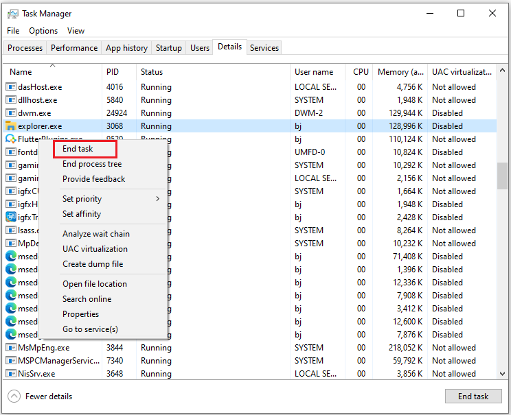 click End Task
