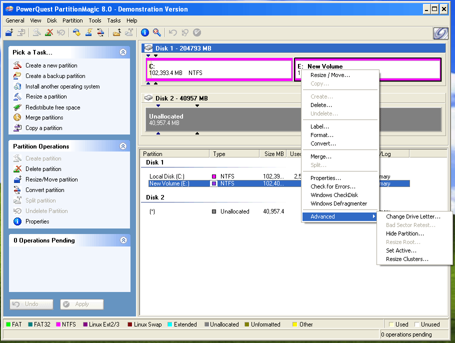 screenshot showing Norton PartitionMagic functions