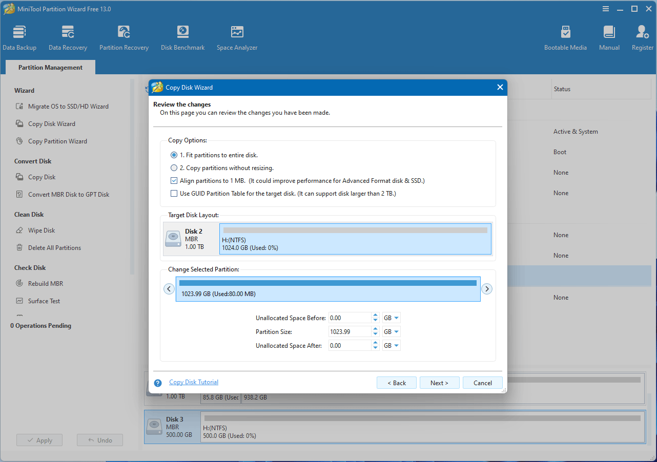 screenshot showing copy disk wizard in MiniTool Partition Wizard