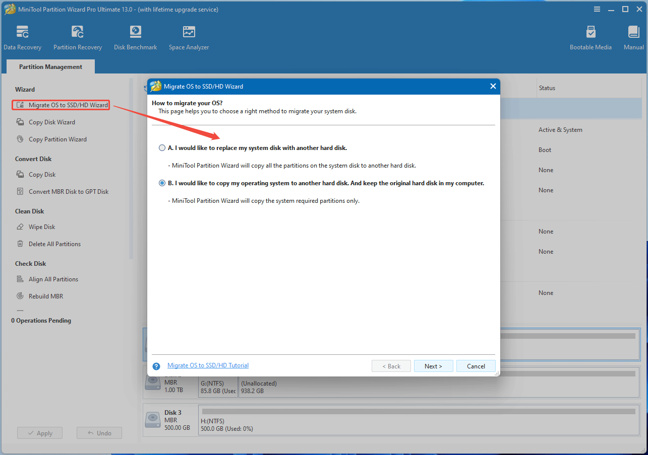screenshot showing OS migration in MiniTool Partition Wizard