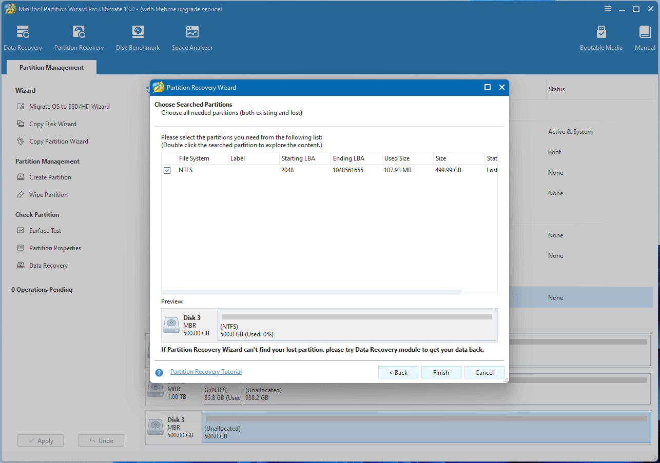screenshot showing partition recovery in MiniTool Partition Wizard