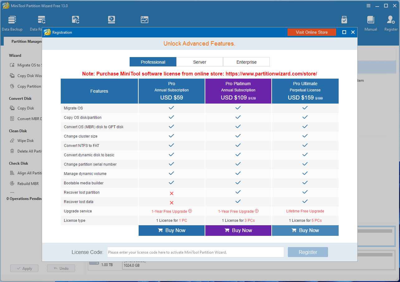 screenshot showing register interface in MiniTool Partition Wizard