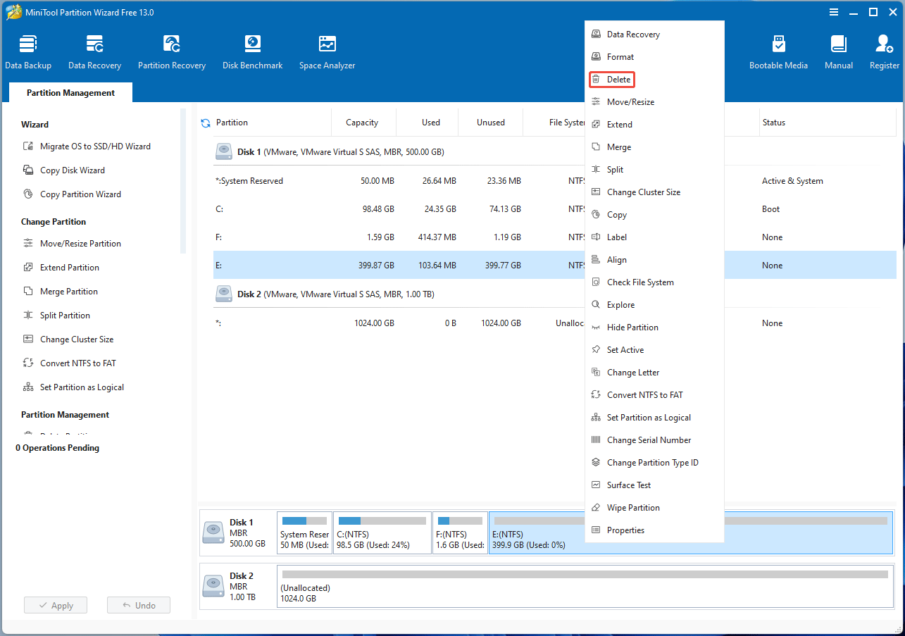 screenshot showing partition deletion in MiniTool Partition Wizard