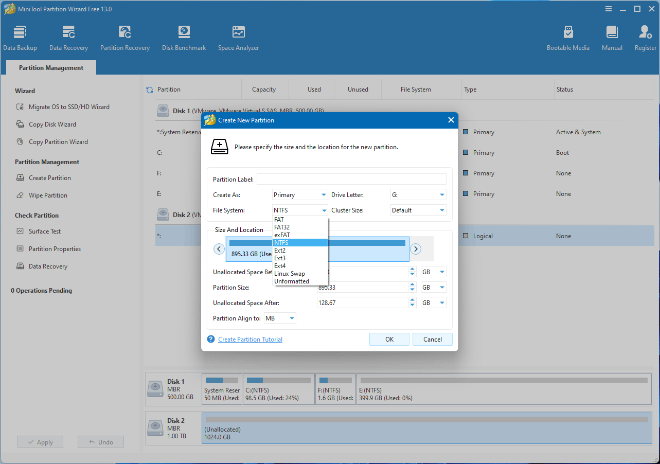 screenshot showing creating new partition in MiniTool Partition Wizard