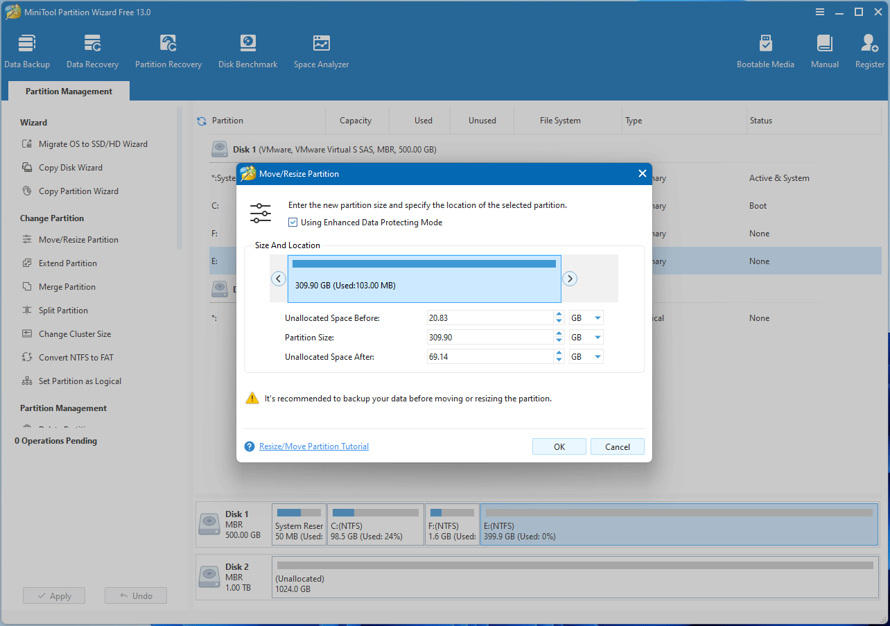 screenshot showing moving or resizing partition in MiniTool Partition Wizard