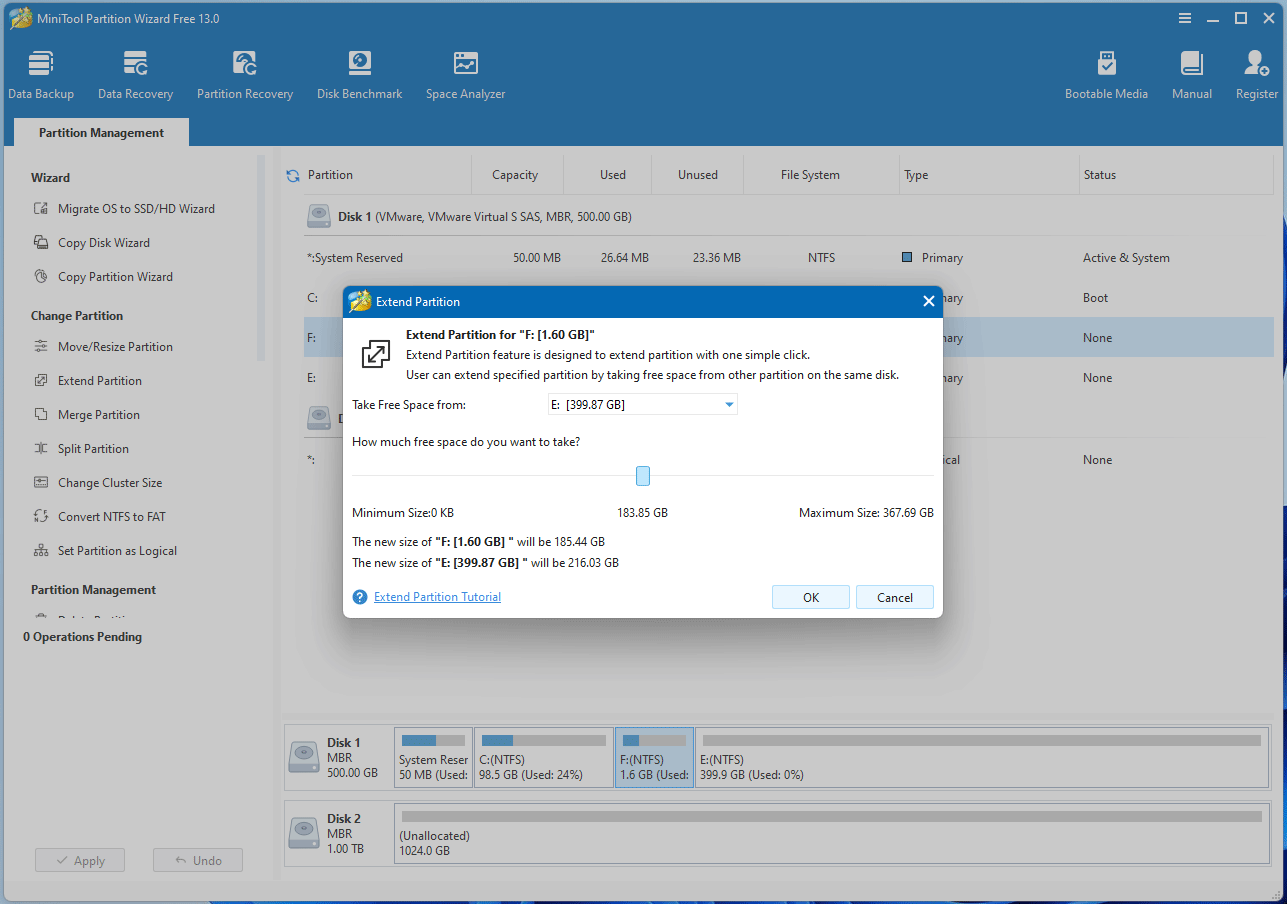 screenshot showing extending partition in MiniTool Partition Wizard
