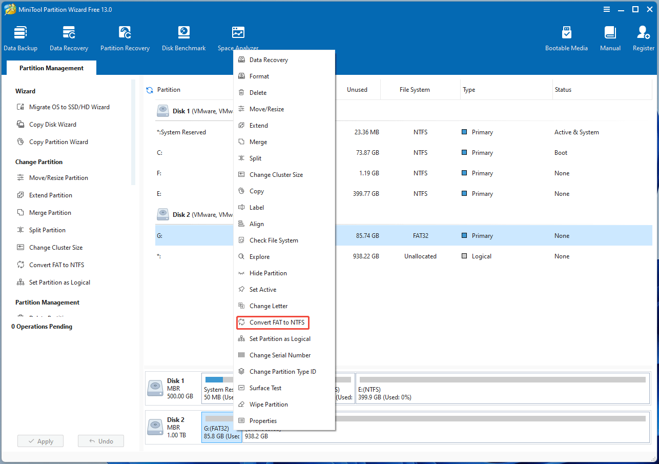 screenshot showing converting partition from FAT to NTFS in MiniTool Partition Wizard