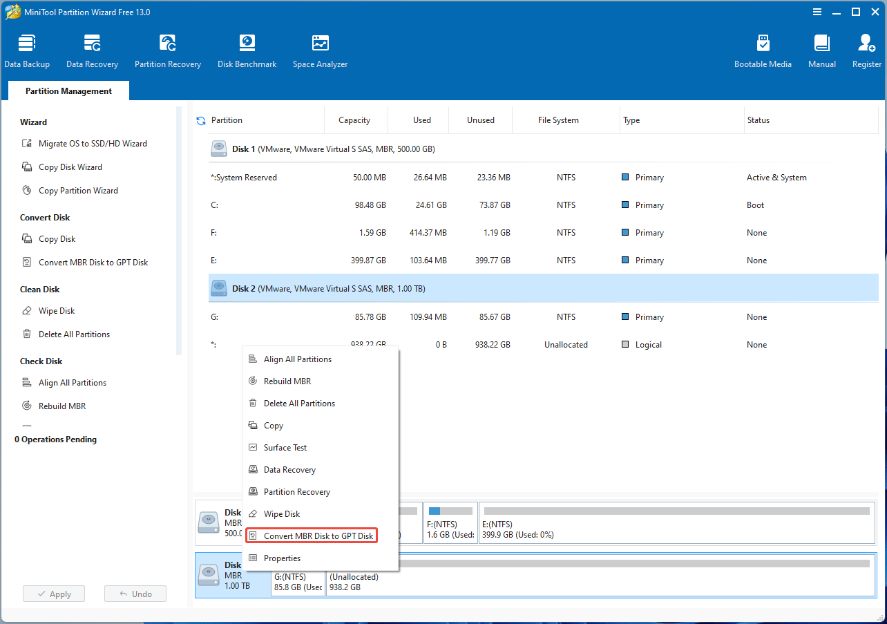 screenshot showing converting partition from FAT to NTFS in MiniTool Partition Wizard