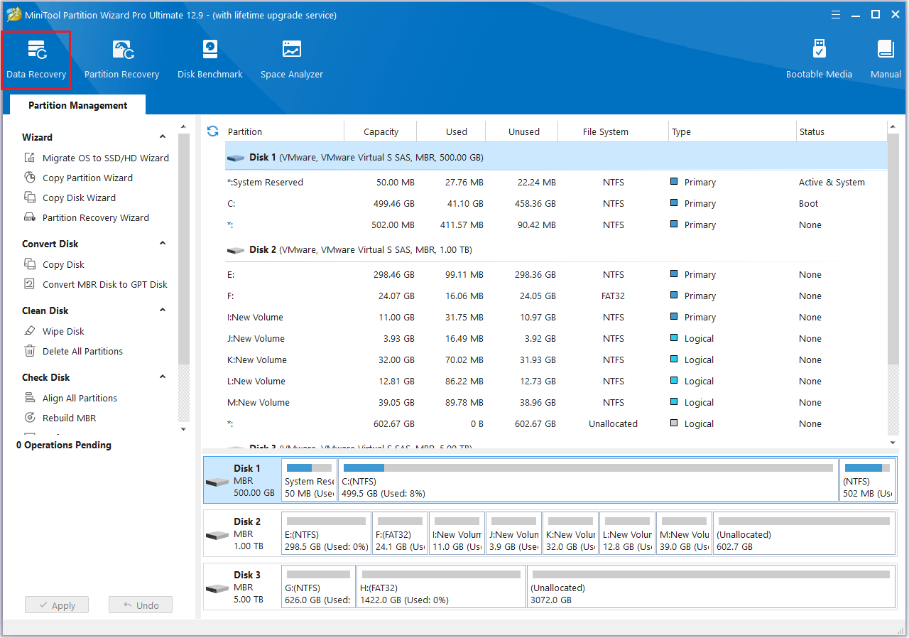 click Data Recovery in MiniTool Partition Wizard