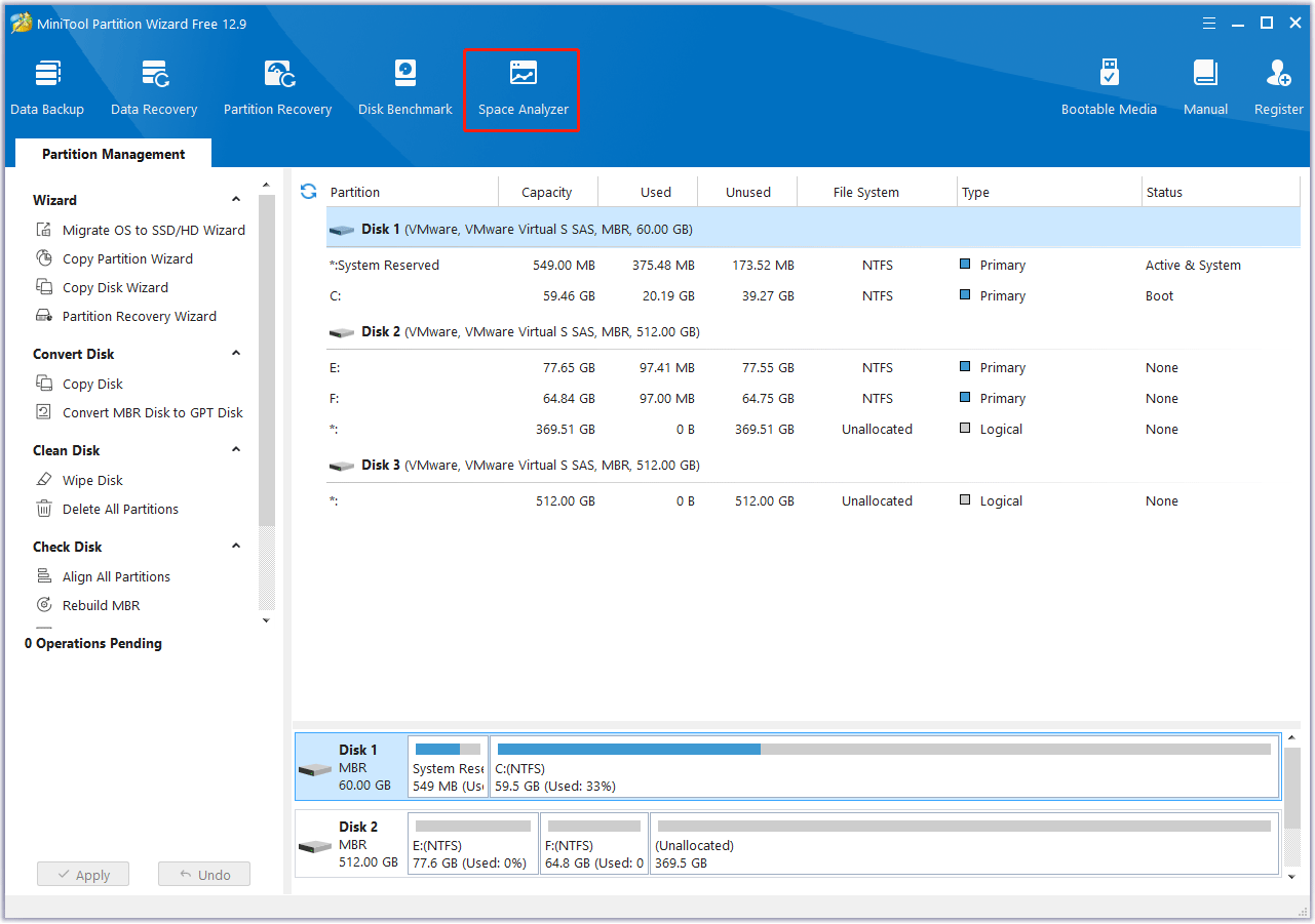 use Space Analyzer to find and delete useless files via MiniTool Partition Wizard