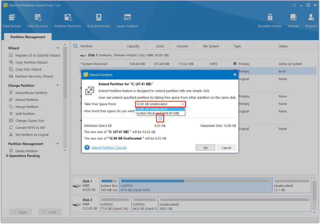 choose where to take space from in MiniTool Partition Wizard