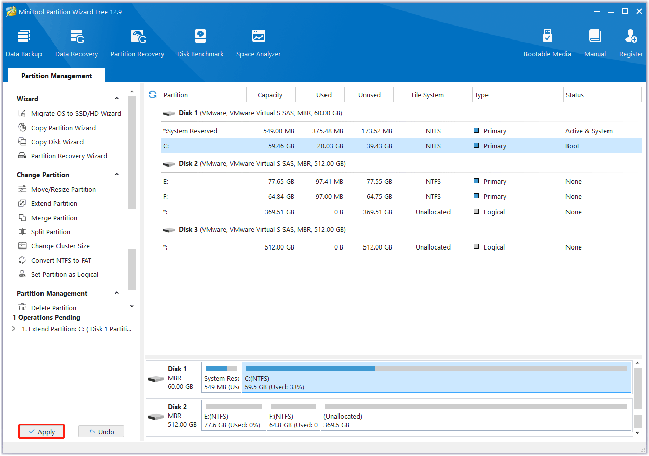 Click Apply to perform the pending operation in MiniTool Partition Wizard