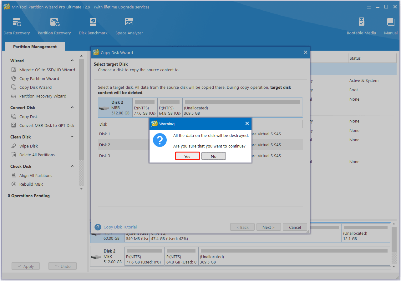 choose the target disk in MiniTool Partition Wizard