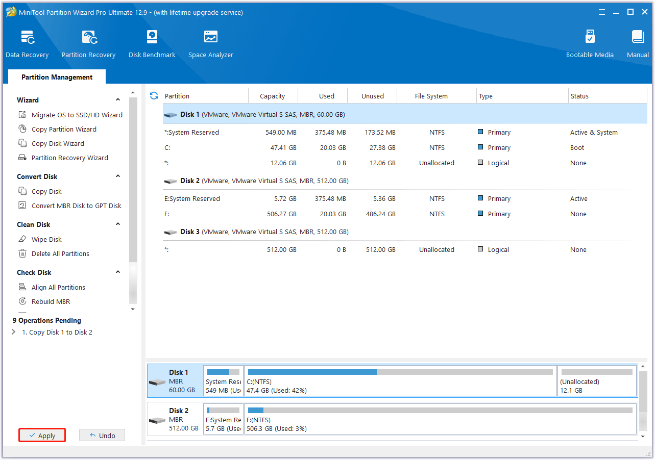 click Apply to execute the pending operation in MiniTool Partition Wizard