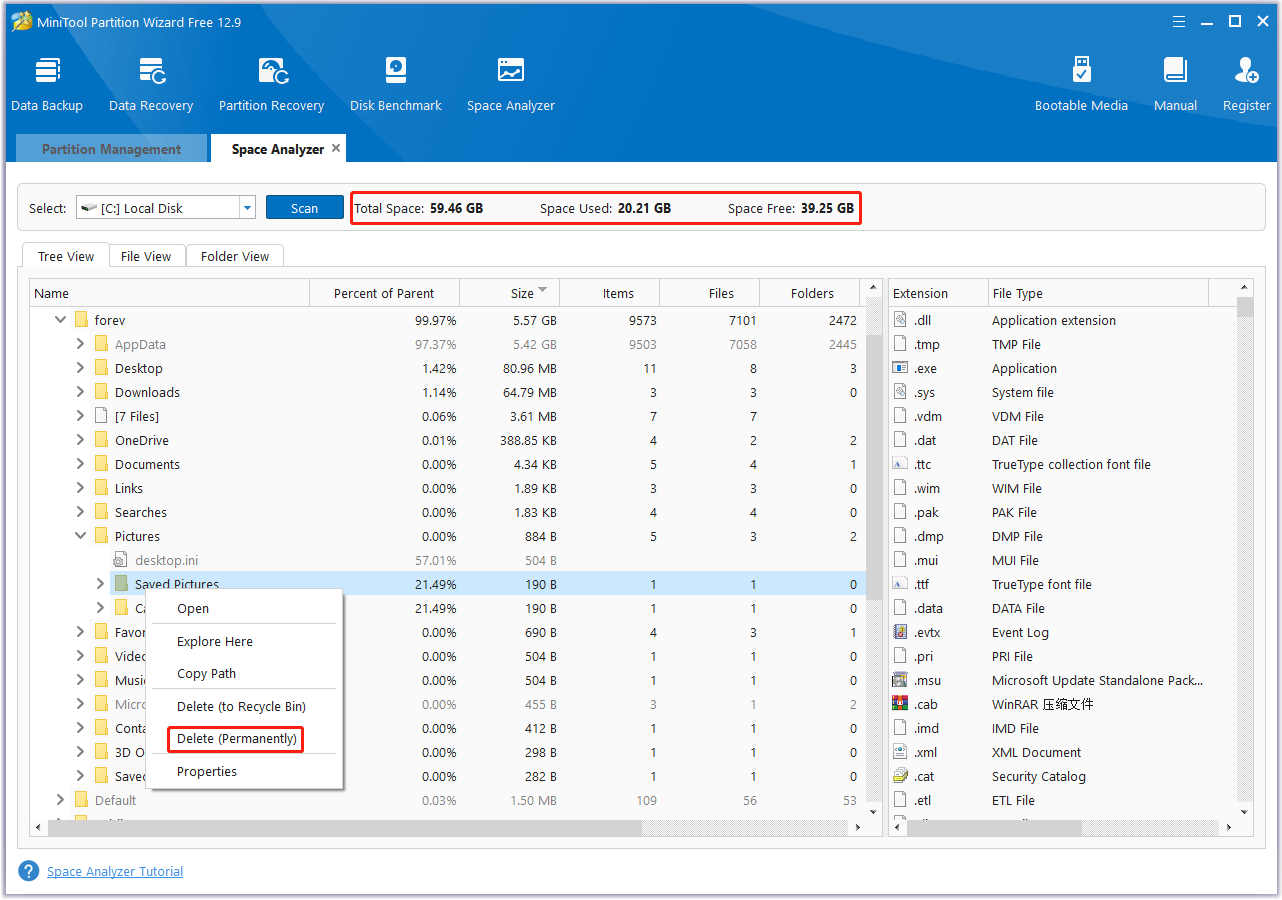 delete unnecessary files permanently using MiniTool Partition Wizard