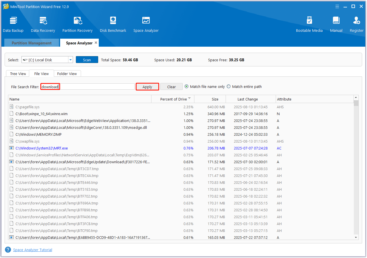 search the specific file to delete with MiniTool Partition Wizard