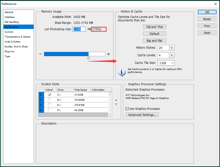 adjust memory usage in Photoshop