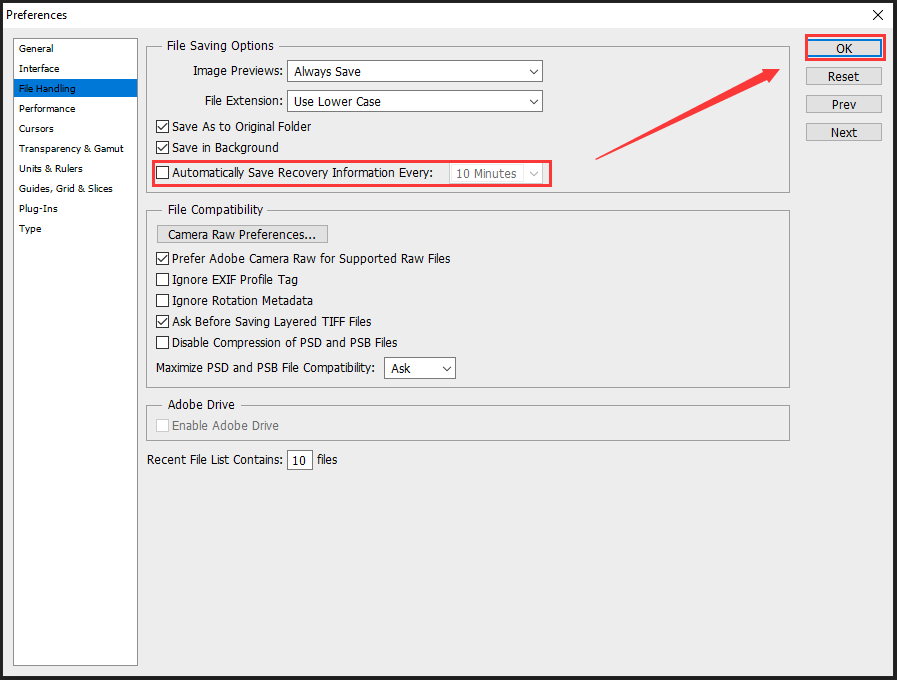 disable auto-recovery saving in Photoshop