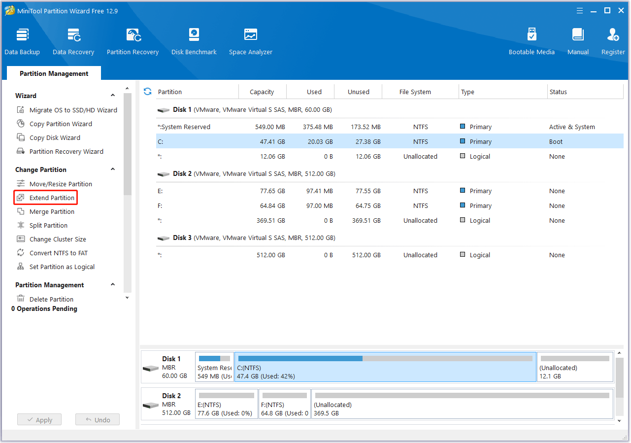 Select the Extend Partition feature in MiniTool Partition Wizard