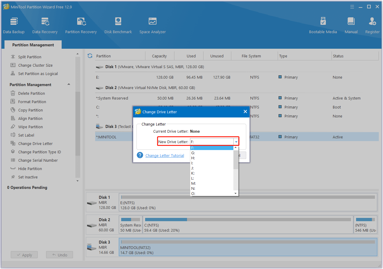 select a drive letter in MiniTool Partition Wizard