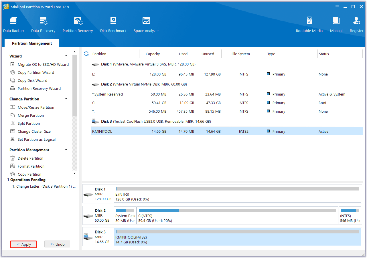 click Apply to execute the operation in MiniTool Partition Wizard