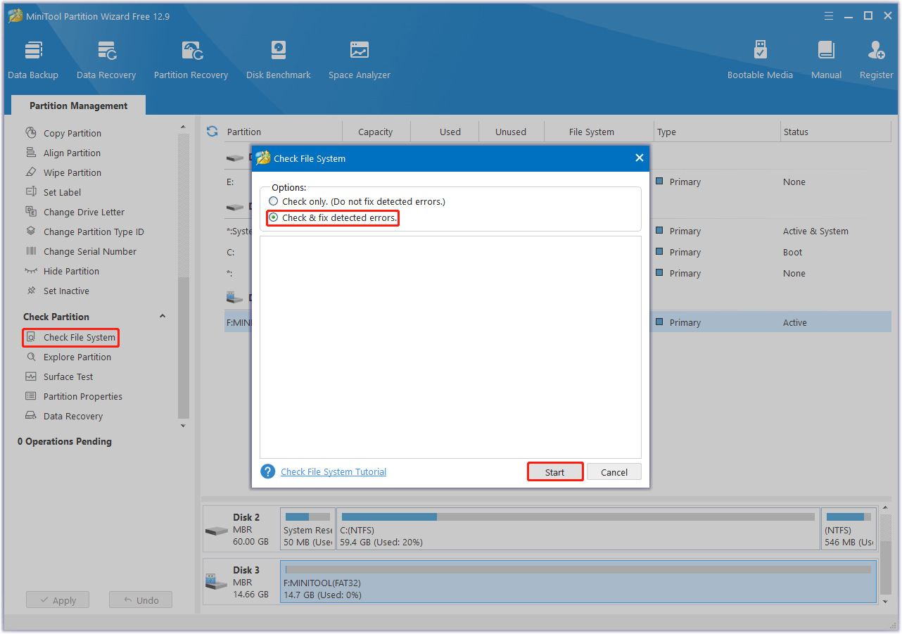 Select to check and fix detected file system errors in MiniTool Partition Wizard